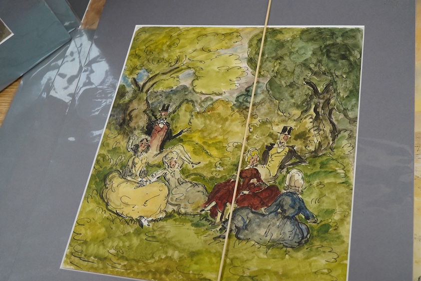 Harold Hope Read (1881-1959), ‘Outside family Scene’, ‘A Forest Gathering’ and ‘A Manage A Trois’, unsigned, Bowden Fine Art labels verso, three ink and watercolours on paper, mounted, unframed, largest 38 x 55cm